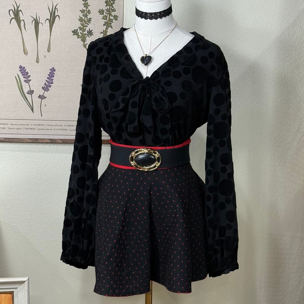 Velvet Polka Dot Tie Front Top Whimsigoth Gothabilly Rockabilly Romantic Goth M